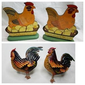 Two Painted Hens Wooden Chickens 8" Tall and Two Metal Rooster Napkin Holders